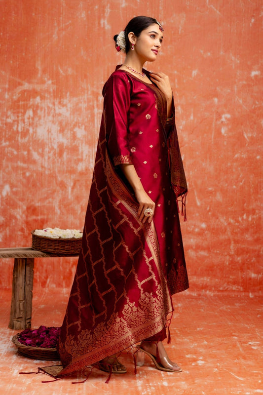 Maroon Cotton Blend Straight Suit Set with Zari Embroidery and Dupatta - Mangaldeep NX