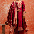 Maroon Cotton Blend Straight Suit Set with Zari Embroidery and Dupatta - Mangaldeep NX