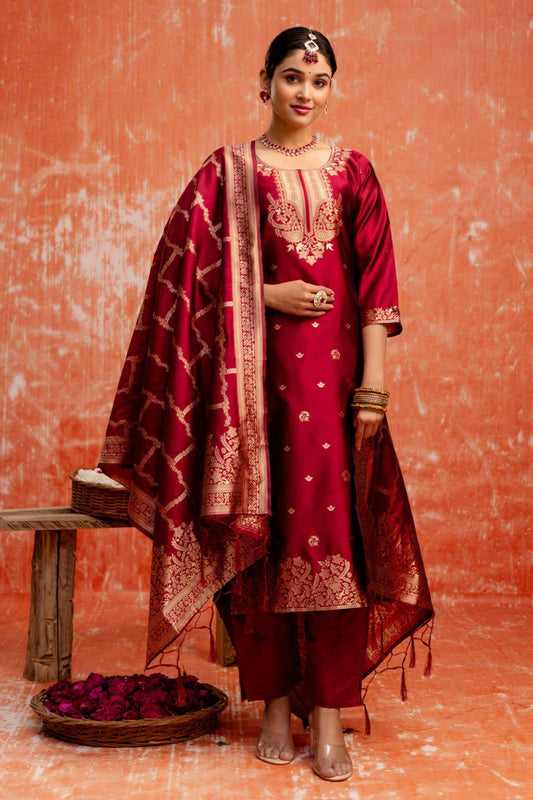 Maroon Cotton Blend Straight Suit Set with Zari Embroidery and Dupatta - Mangaldeep NX
