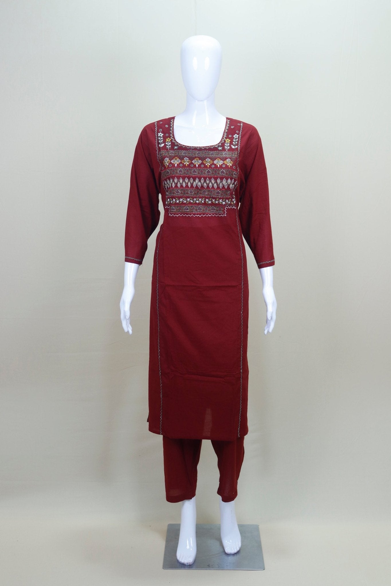 Maroon Cotton Embroidered Straight - Cut Suit with Printed Dupatta - Mangaldeep NX