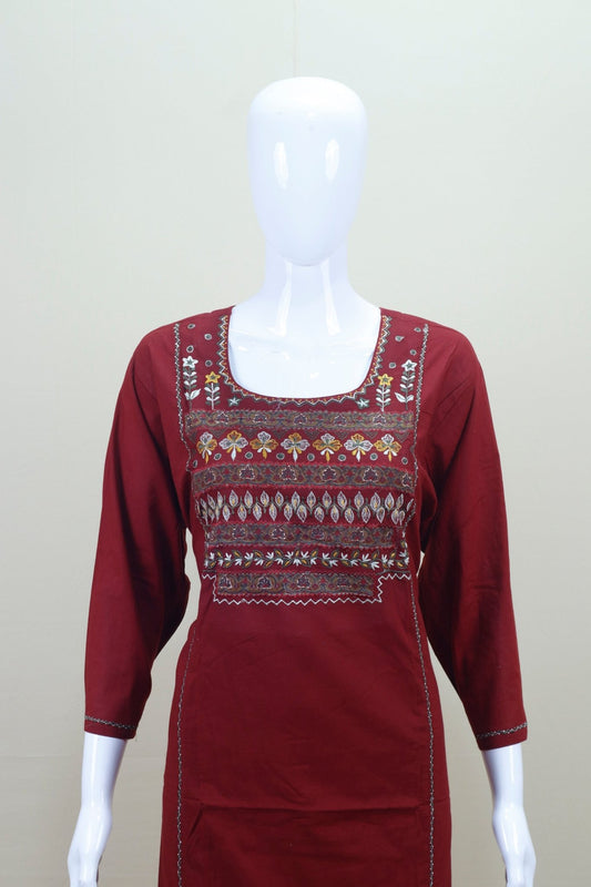 Maroon Cotton Embroidered Straight - Cut Suit with Printed Dupatta - Mangaldeep NX