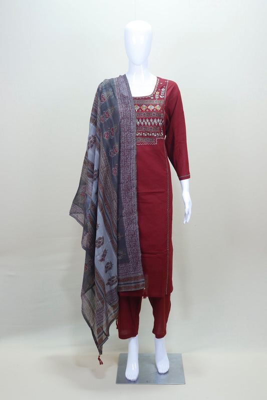 Maroon Cotton Embroidered Straight - Cut Suit with Printed Dupatta - Mangaldeep NX