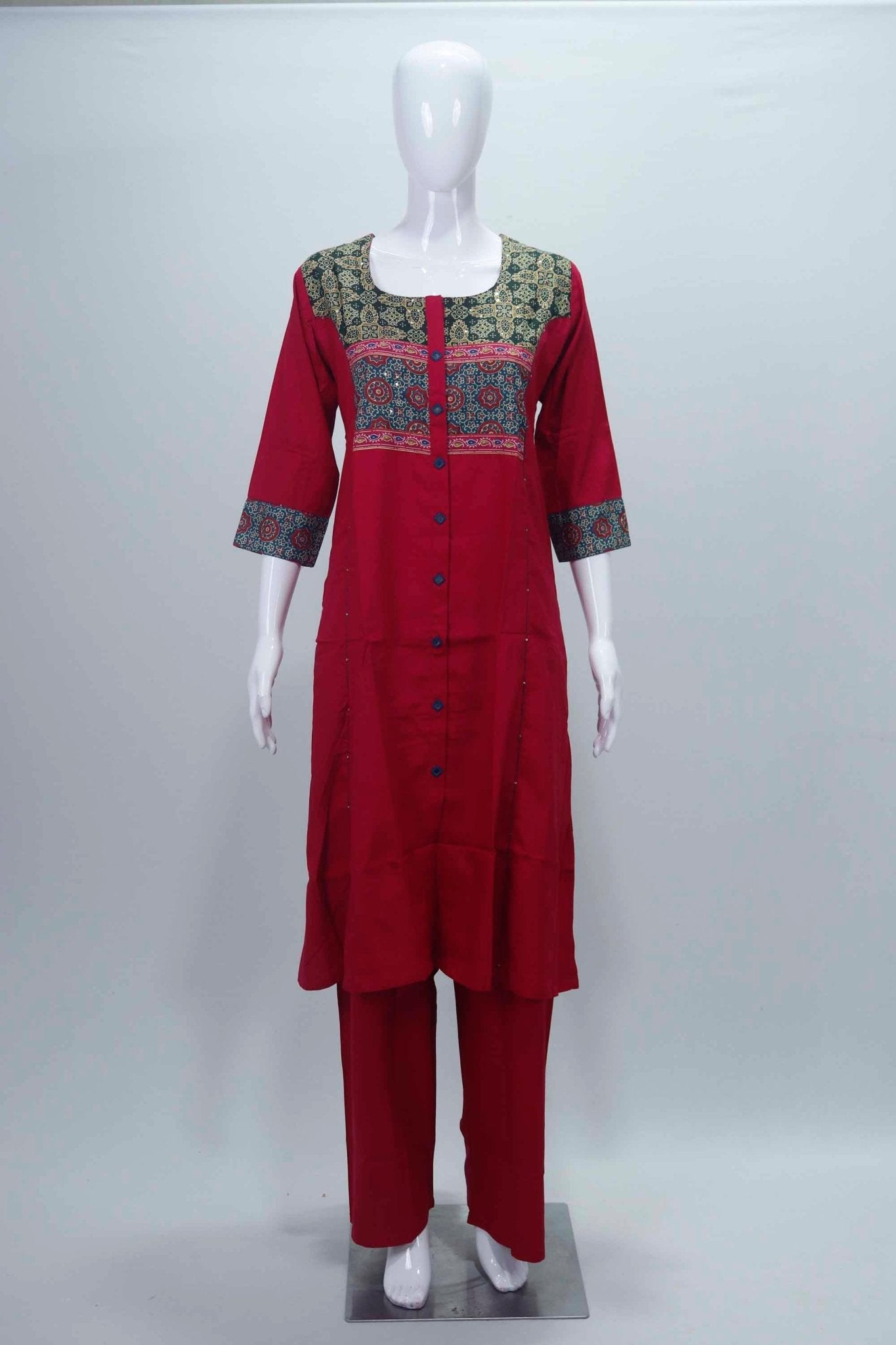 Maroon Cotton Printed Kurti Set with Front Buttons and Straight Pants - Mangaldeep NX