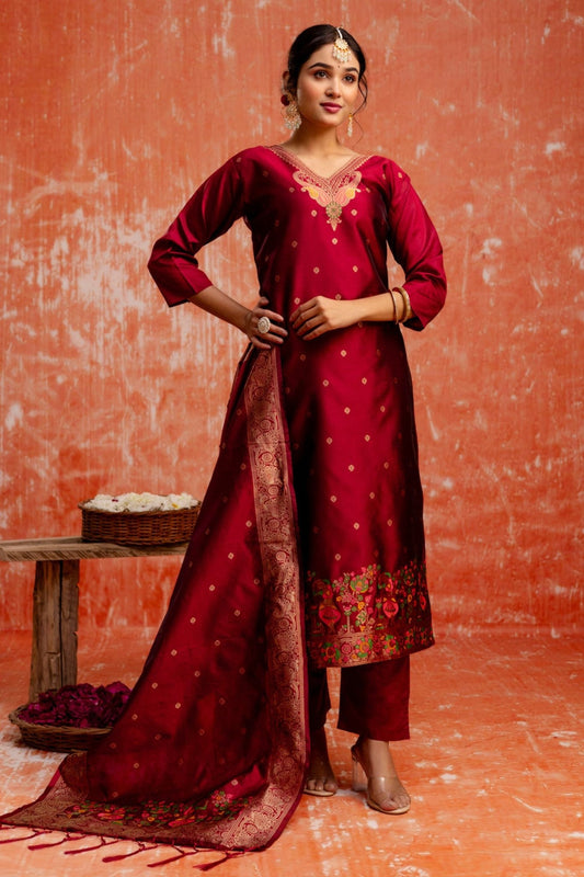 Maroon Cotton Silk Readymade Salwar Suit with Jacquard Work - Mangaldeep NX