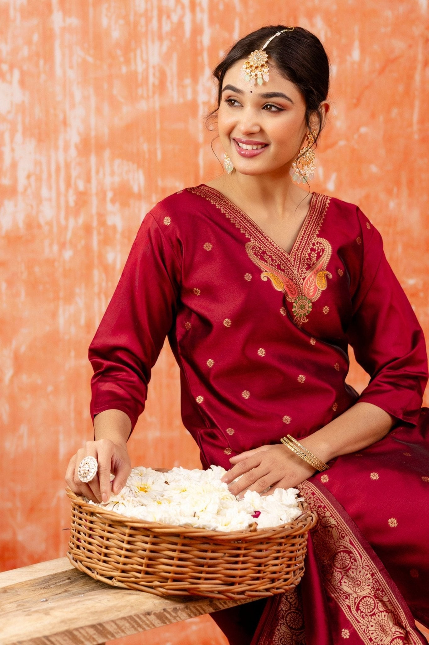 Maroon Cotton Silk Readymade Salwar Suit with Jacquard Work - Mangaldeep NX