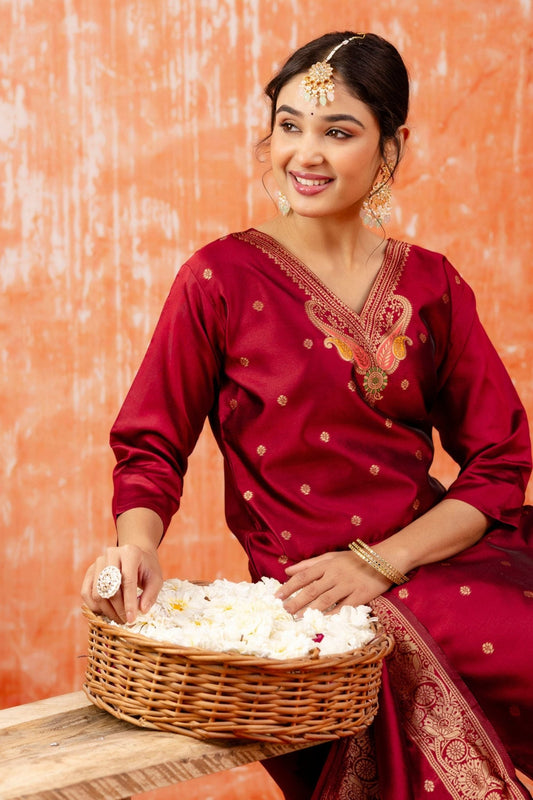 Maroon Cotton Silk Readymade Salwar Suit with Jacquard Work - Mangaldeep NX