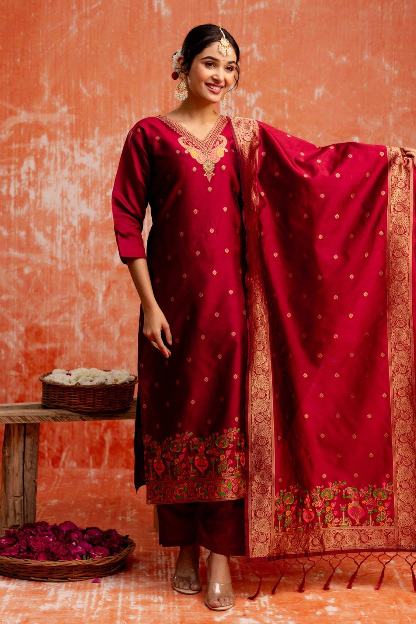 Maroon Cotton Silk Readymade Salwar Suit with Jacquard Work - Mangaldeep NX