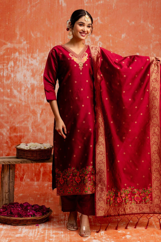 Maroon Cotton Silk Readymade Salwar Suit with Jacquard Work - Mangaldeep NX