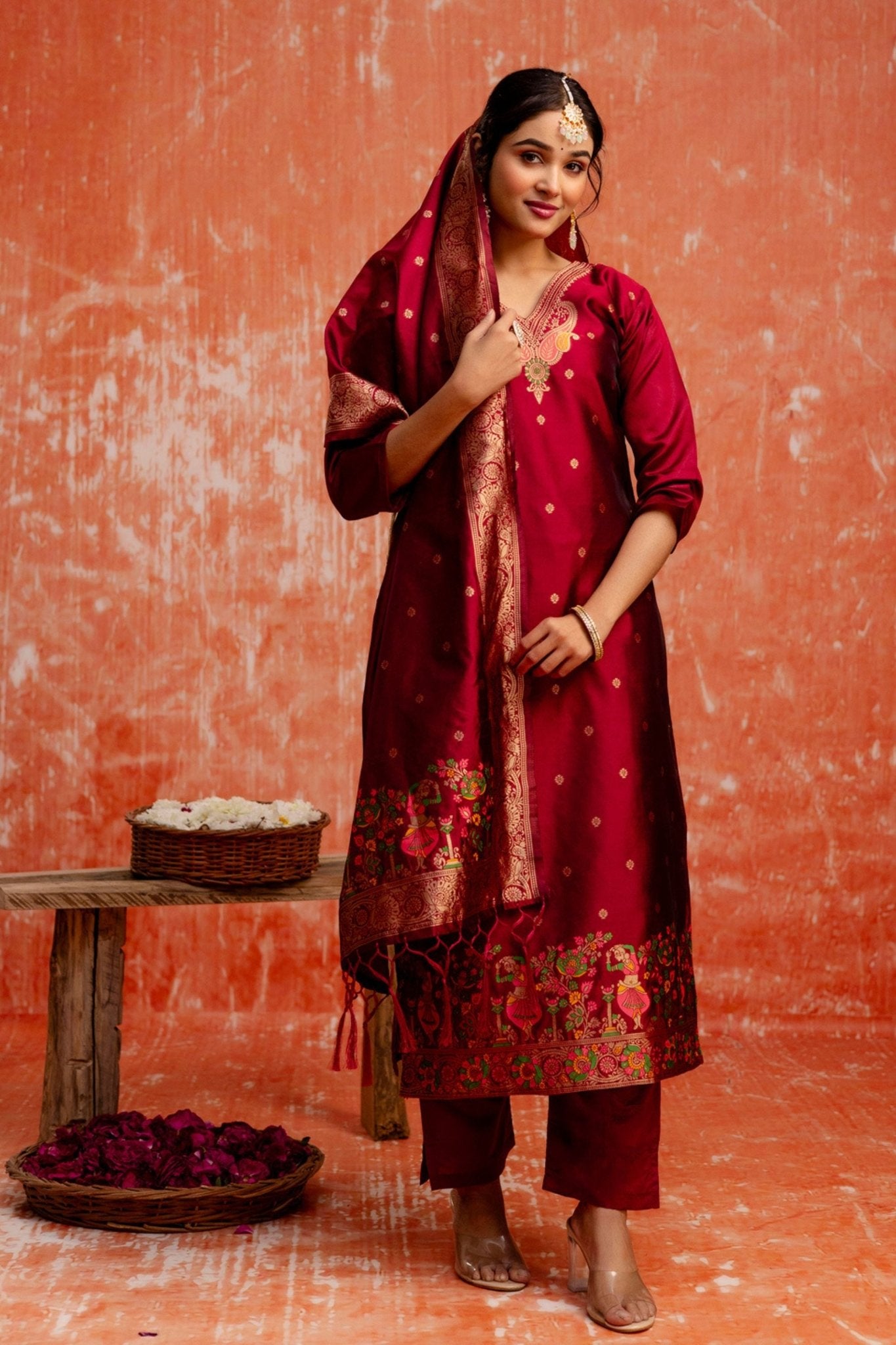 Maroon Cotton Silk Readymade Salwar Suit with Jacquard Work - Mangaldeep NX