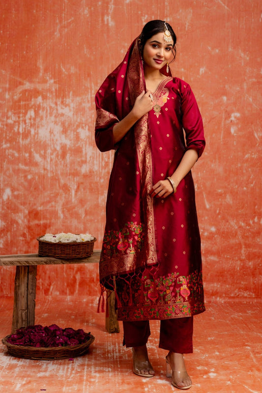Maroon Cotton Silk Readymade Salwar Suit with Jacquard Work - Mangaldeep NX