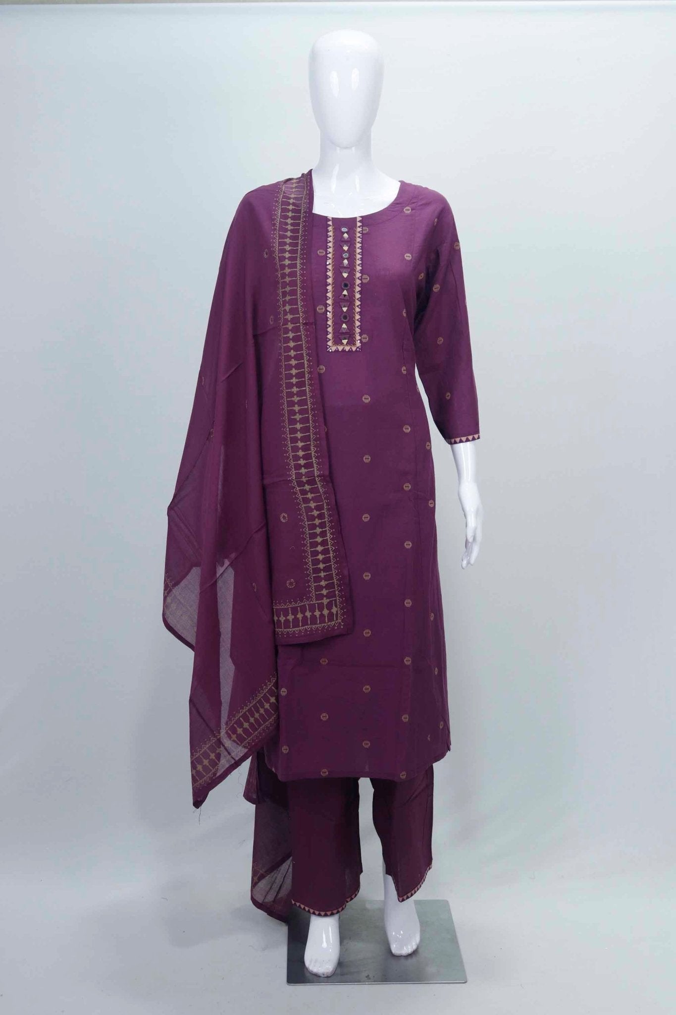 Maroon Embroidered Cotton Straight Suit Set with Matching Dupatta - Mangaldeep NX