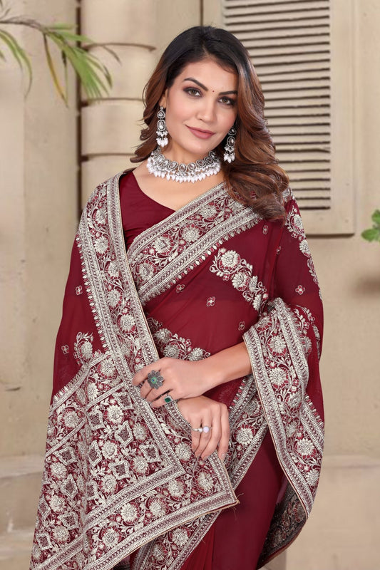 Maroon Embroidered Georgette Saree with Silver Floral Thread Work and Matching Blouse Piece - Mangaldeep NX