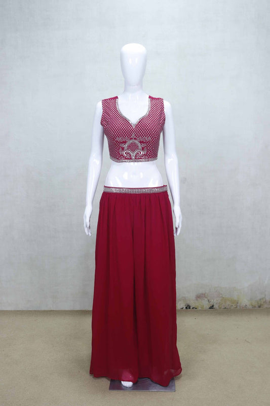 Maroon Embroidered Georgette Three - Piece Palazzo Set with Long Jacket and Crop Top - Mangaldeep NX