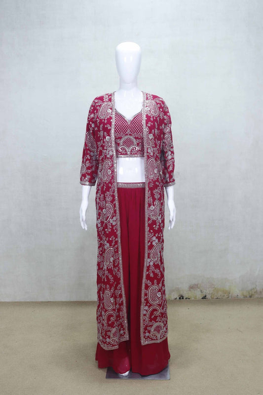 Maroon Embroidered Georgette Three - Piece Palazzo Set with Long Jacket and Crop Top - Mangaldeep NX