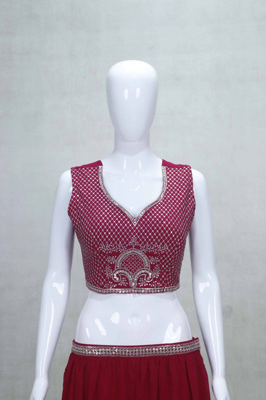 Maroon Embroidered Georgette Three - Piece Palazzo Set with Long Jacket and Crop Top - Mangaldeep NX