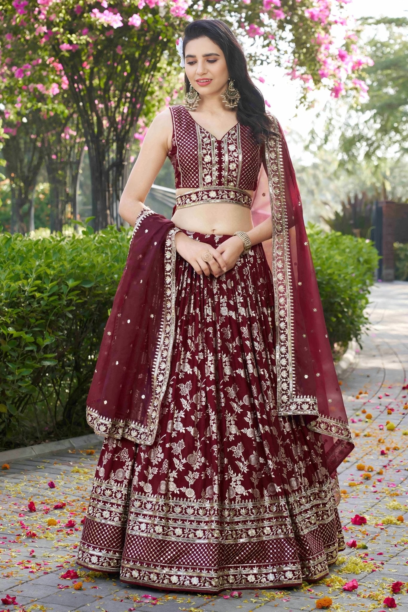Maroon Embroidered Silk Lehenga Choli with Sequin Work and Net Dupatta - Mangaldeep NX