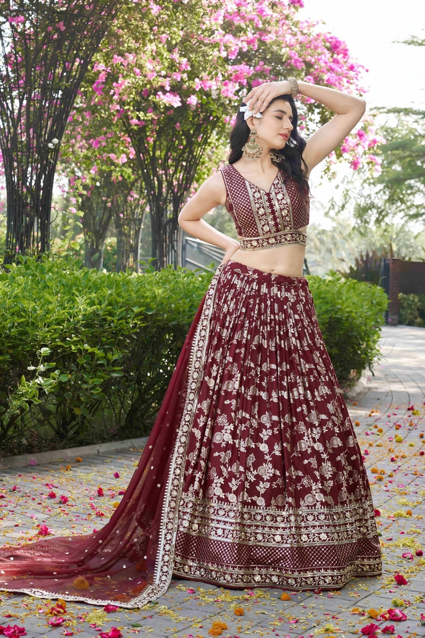 Maroon Embroidered Silk Lehenga Choli with Sequin Work and Net Dupatta - Mangaldeep NX