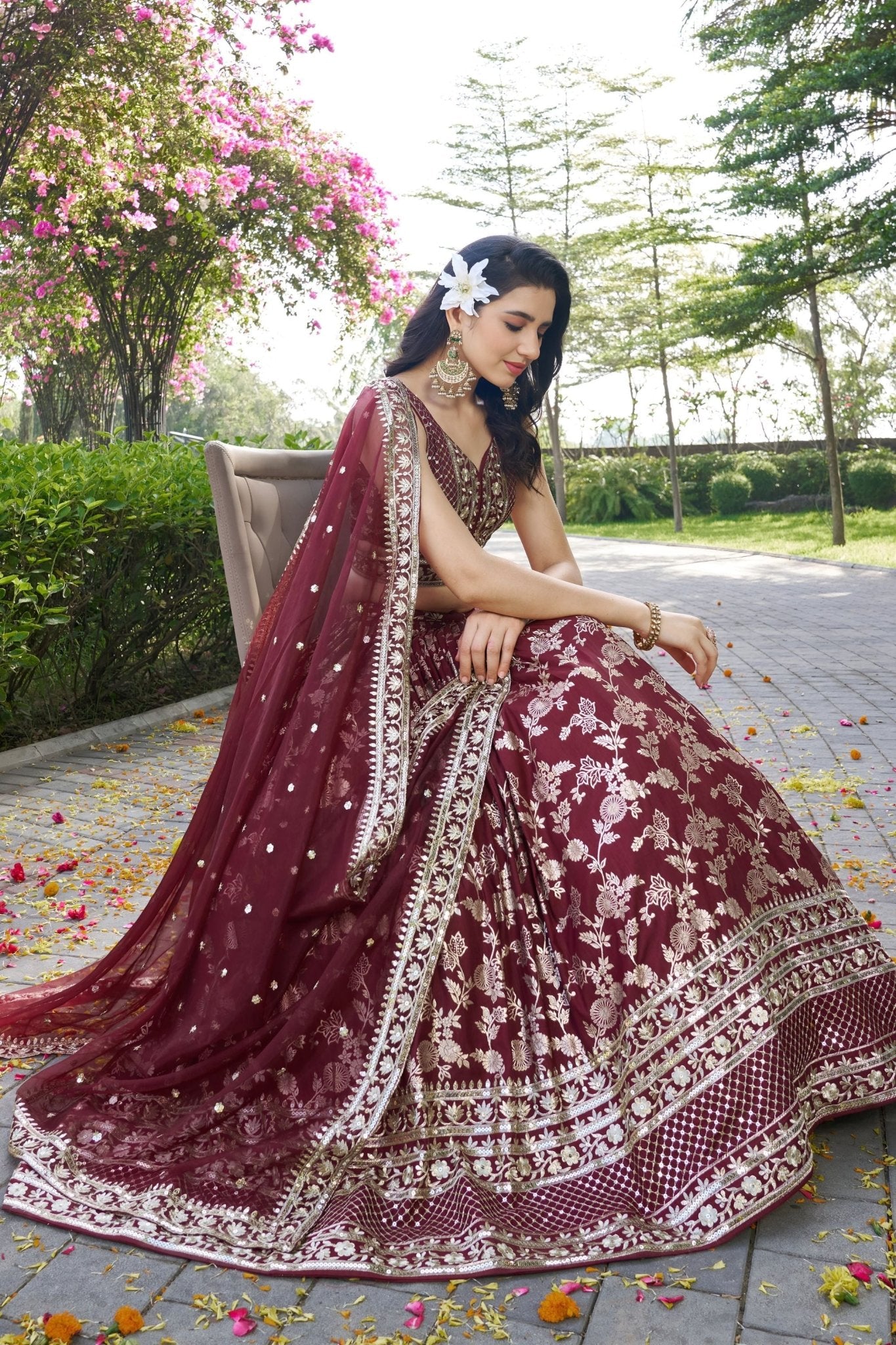 Maroon Embroidered Silk Lehenga Choli with Sequin Work and Net Dupatta - Mangaldeep NX