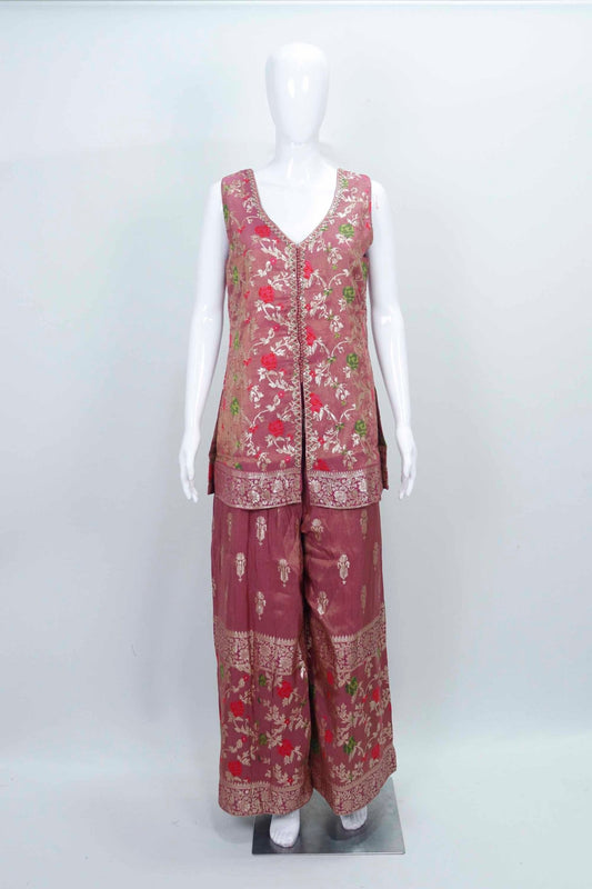 Maroon Floral Embroidered Kurta Palazzo Set with Zari Border and Matching Dupatta - Mangaldeep NX