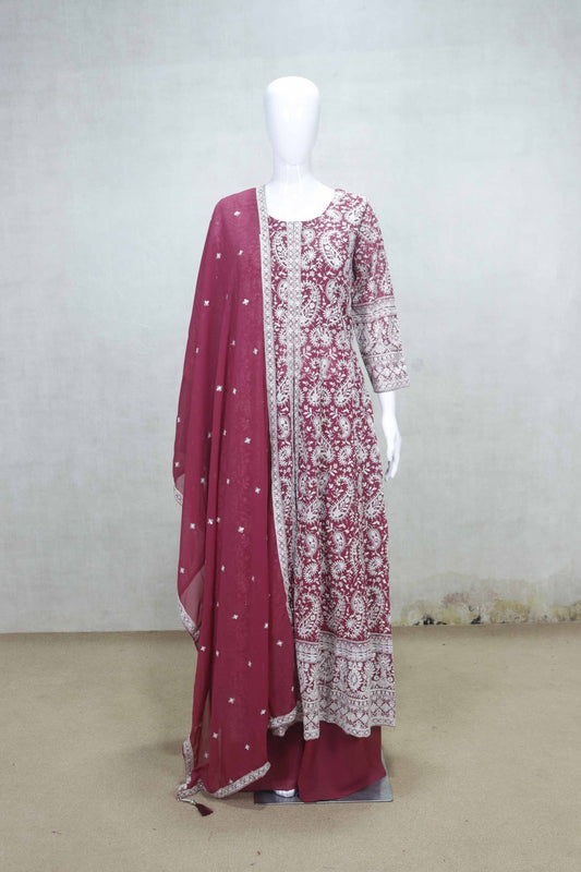 Maroon Heavy Embroidered Anarkali Kurta Sharara Set with Dupatta for Wedding Wear - Mangaldeep NX