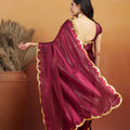 Maroon Satin Silk Saree with Golden Sequin Scalloped Border and Matching Blouse - Mangaldeep NX