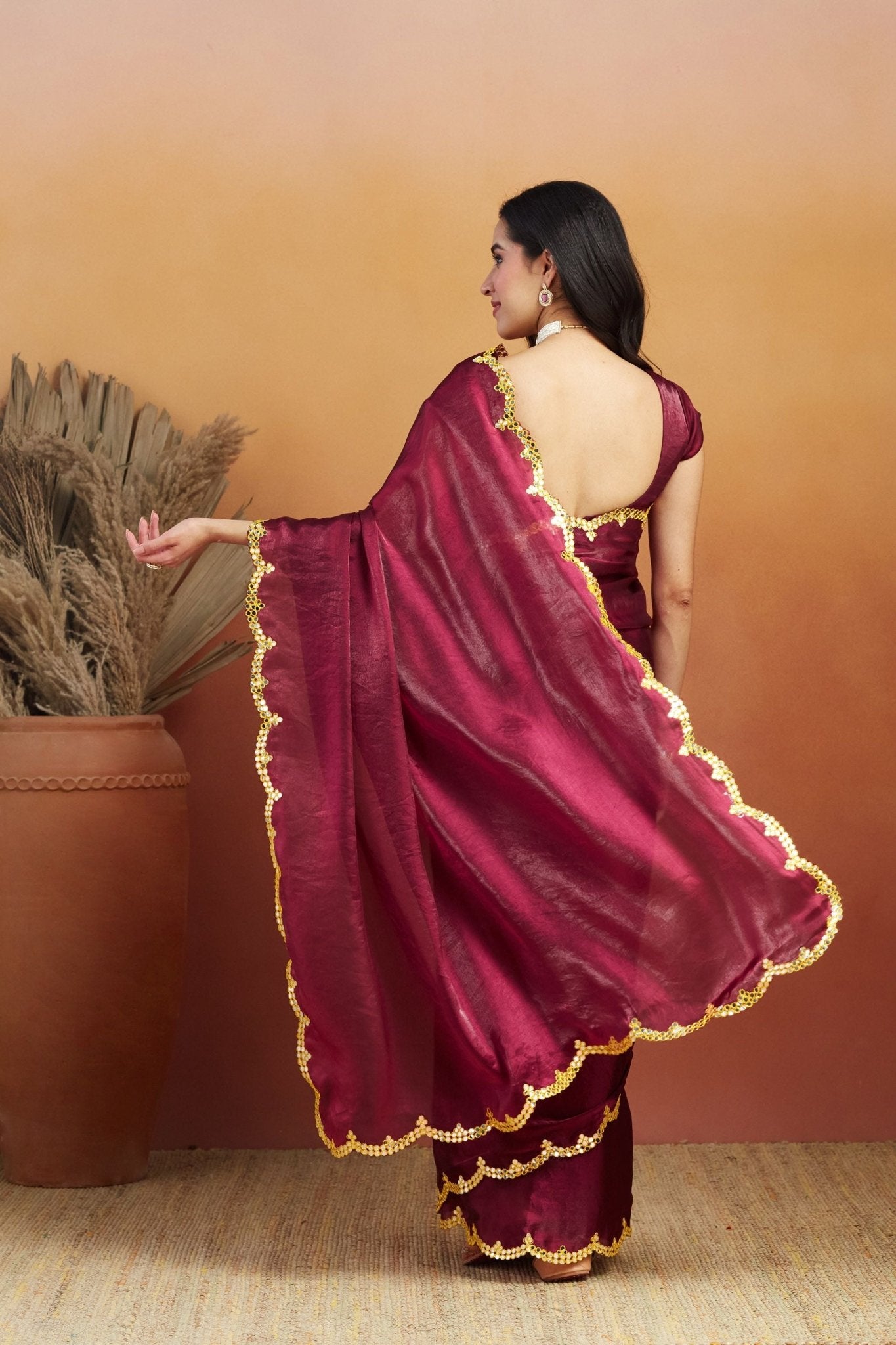 Maroon Satin Silk Saree with Golden Sequin Scalloped Border and Matching Blouse - Mangaldeep NX