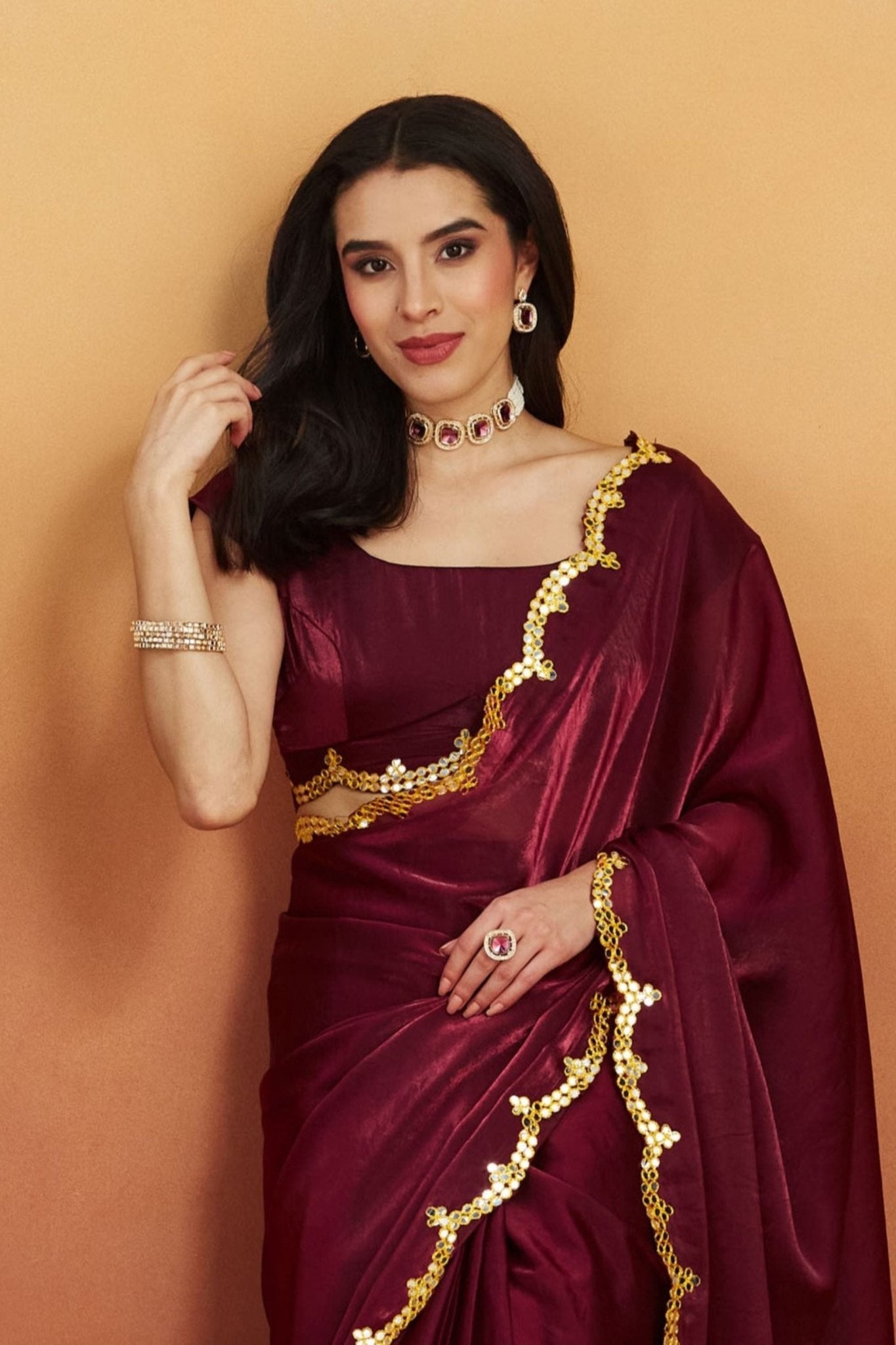 Maroon Satin Silk Saree with Golden Sequin Scalloped Border and Matchi