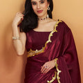 Maroon Satin Silk Saree with Golden Sequin Scalloped Border and Matching Blouse - Mangaldeep NX