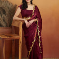 Maroon Satin Silk Saree with Golden Sequin Scalloped Border and Matching Blouse - Mangaldeep NX