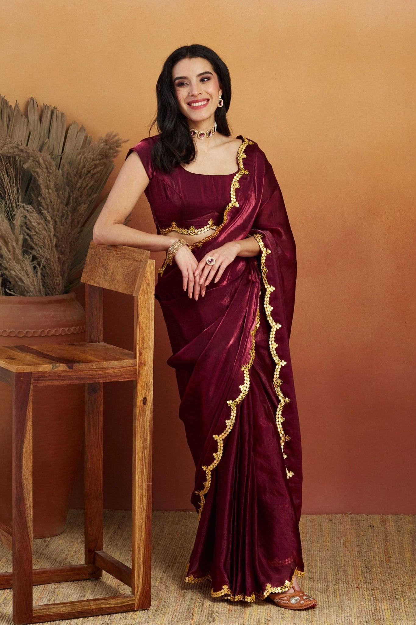 Maroon Satin Silk Saree with Golden Sequin Scalloped Border and Matching Blouse - Mangaldeep NX