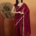 Maroon Satin Silk Saree with Golden Sequin Scalloped Border and Matching Blouse - Mangaldeep NX