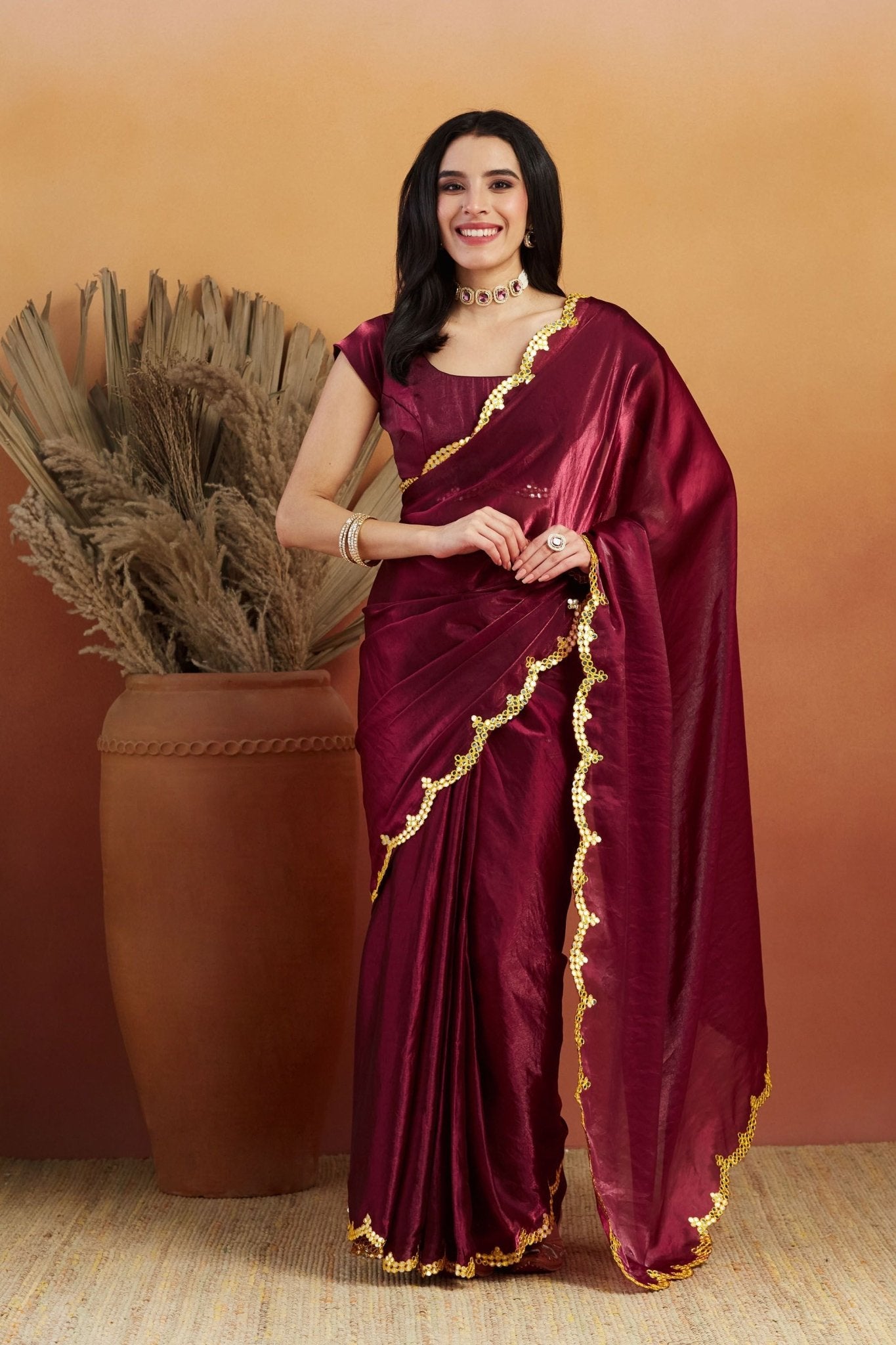 Maroon Satin Silk Saree with Golden Sequin Scalloped Border and Matching Blouse - Mangaldeep NX