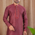 Maroon Self - Textured Art Silk Kurta for Men with Beige Pyjama - Mangaldeep NX