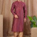 Maroon Self - Textured Art Silk Kurta for Men with Beige Pyjama - Mangaldeep NX