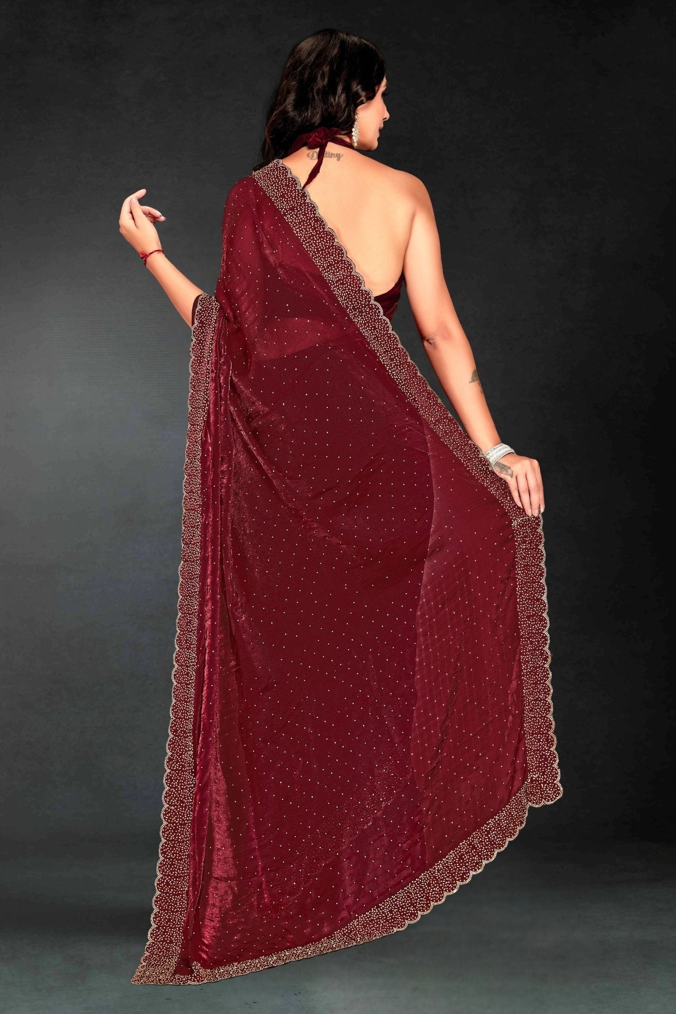 Maroon Sequin Embellished Party Wear Fandy Silk Saree with Golden Scallop Border - Mangaldeep NX