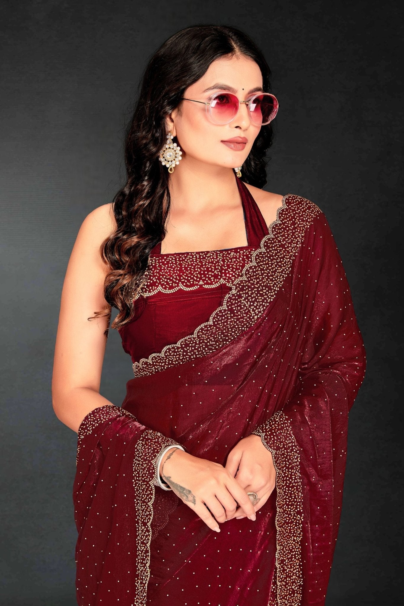 Maroon Sequin Embellished Party Wear Fandy Silk Saree with Golden Scallop Border - Mangaldeep NX