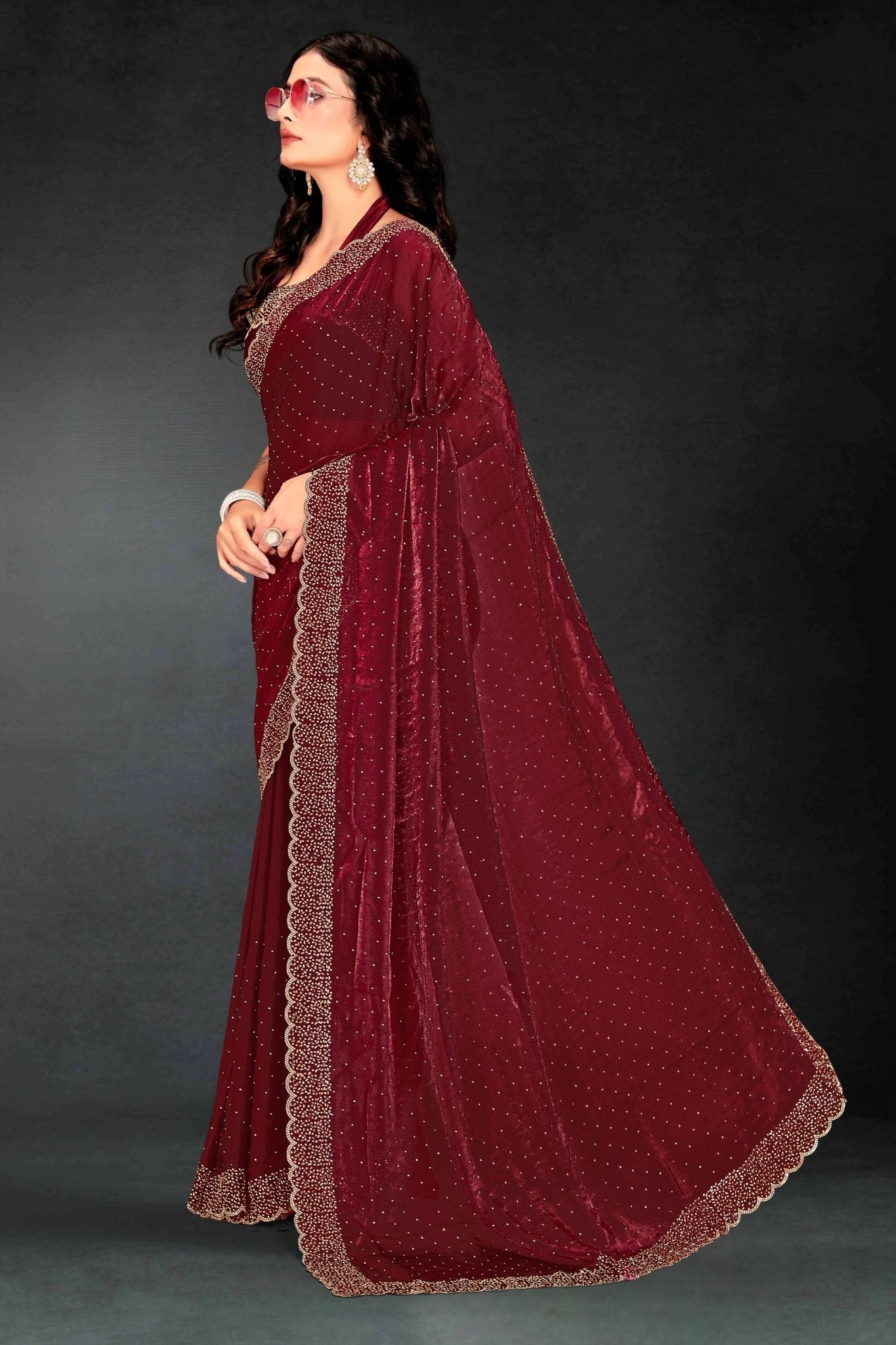 Maroon Sequin Embellished Party Wear Fandy Silk Saree with Golden Scallop Border - Mangaldeep NX