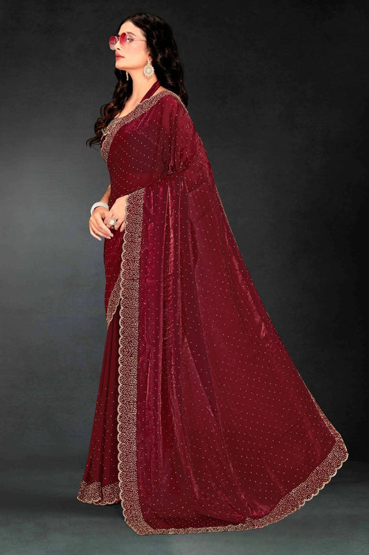 Maroon Sequin Embellished Party Wear Fandy Silk Saree with Golden Scallop Border - Mangaldeep NX