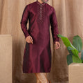 Maroon Textured Art Silk Kurta for Men with Beige Pyjama - Mangaldeep NX