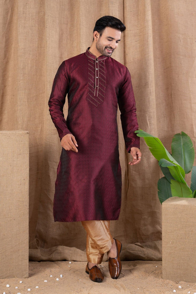 Maroon Textured Art Silk Kurta for Men with Beige Pyjama - Mangaldeep NX