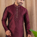 Maroon Textured Art Silk Kurta for Men with Beige Pyjama - Mangaldeep NX