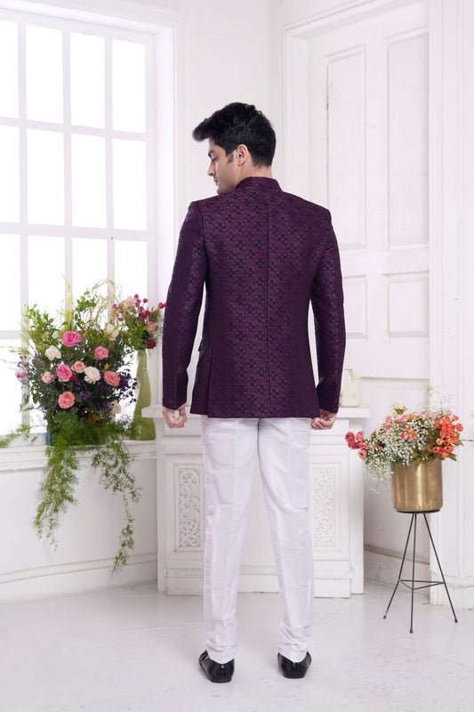 Maroon Textured Bandhgala Suit for Men with White Pants and Buttoned Jacket - Mangaldeep NX