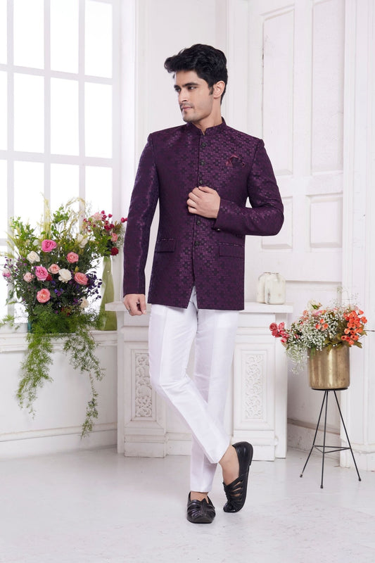 Maroon Textured Bandhgala Suit for Men with White Pants and Buttoned Jacket - Mangaldeep NX