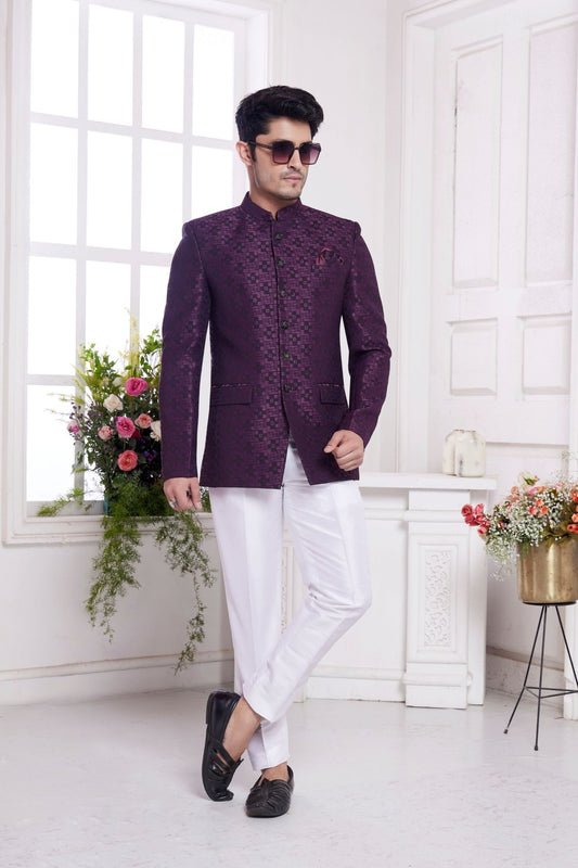 Maroon Textured Bandhgala Suit for Men with White Pants and Buttoned Jacket - Mangaldeep NX