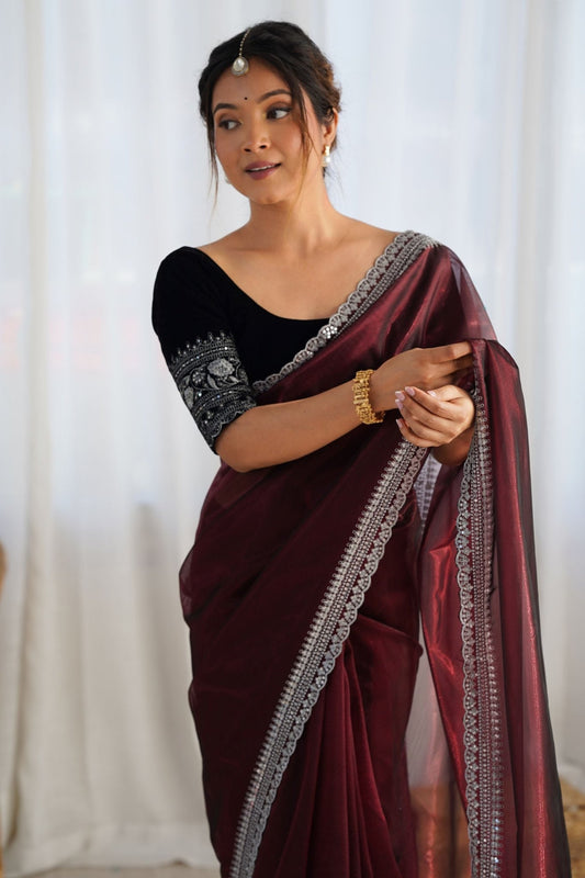Maroon Twill Net Saree with Silver Embroidered Border and Black Embroidered Blouse - Mangaldeep NX