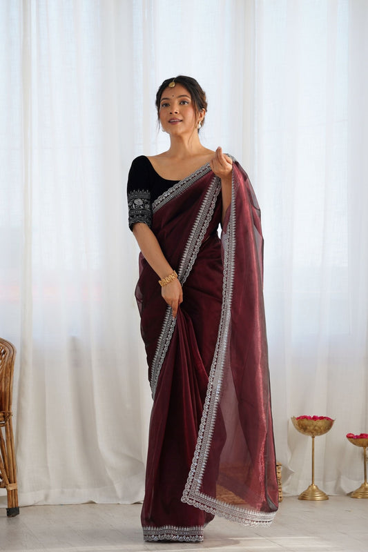 Maroon Twill Net Saree with Silver Embroidered Border and Black Embroidered Blouse - Mangaldeep NX