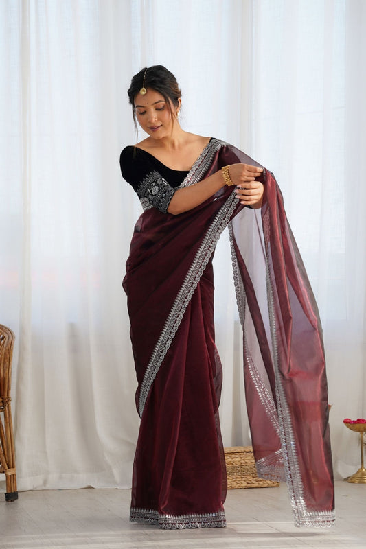Maroon Twill Net Saree with Silver Embroidered Border and Black Embroidered Blouse - Mangaldeep NX