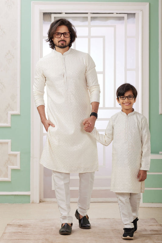 Matching Off - White Sequin Embroidered Kurta Pyjama Set for Father and Son - Mangaldeep NX