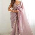 Mauve Organza Silk Saree with Golden Embroidered Border - Mangaldeep NX
