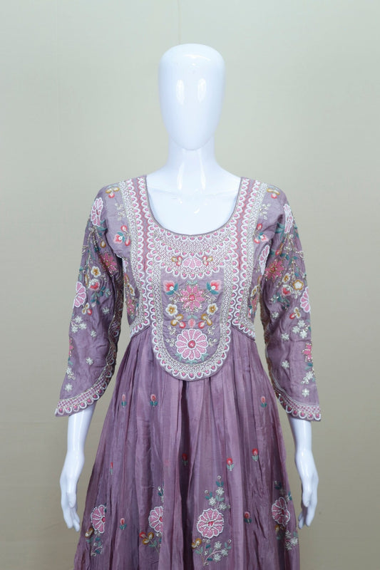 Mauve Pink Floral Embroidered Anarkali Suit with Matching Dupatta - Mangaldeep NX